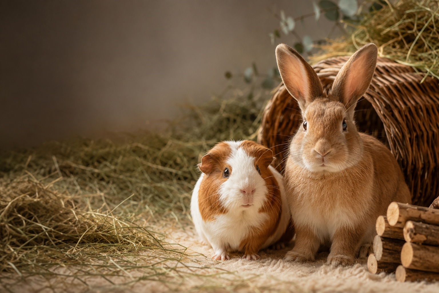 A rabbit and guinea pig resting together in a safe enclosure